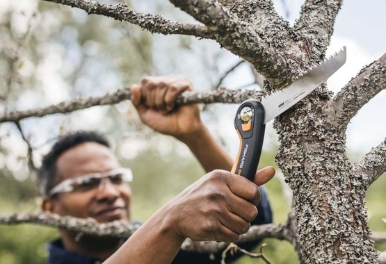 Un uomo che taglia un ramo di un albero con la seghetti da potatura Fiskars.